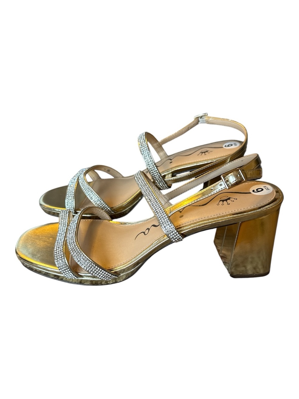 Nina Metalic Gold Rhinestone Strappy Block Heel Open Toe Sandals